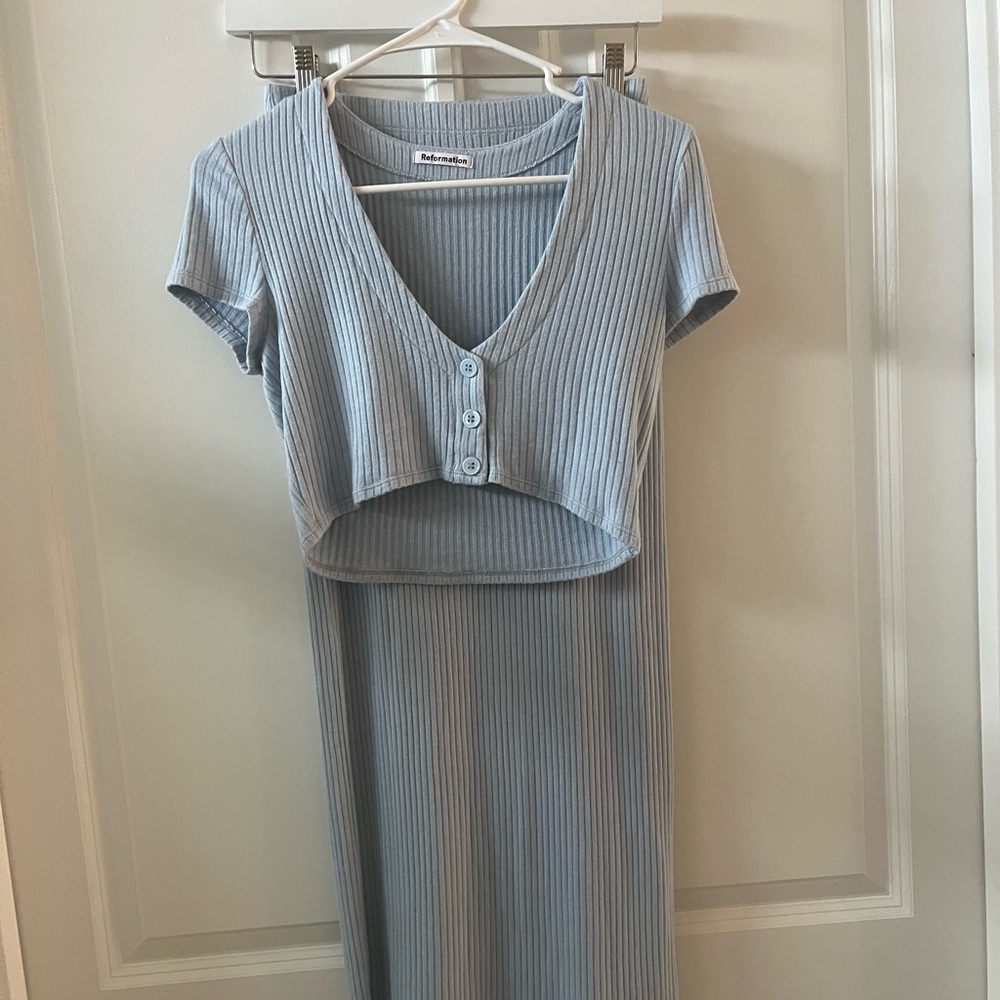 Reformation Blue Ribbed V-Neck Set